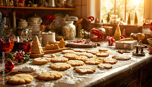 Festive kitchen countertop with freshly baked cookies and holiday decorations in a warm, inviting atmosphere