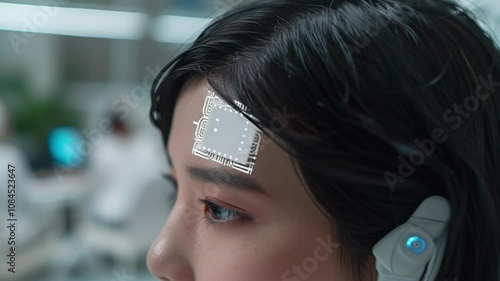 brain computer machine interface, a computer chip in human head, innovative cyborg technology test, close up  of an implant, futuristic woman neurolaboratory