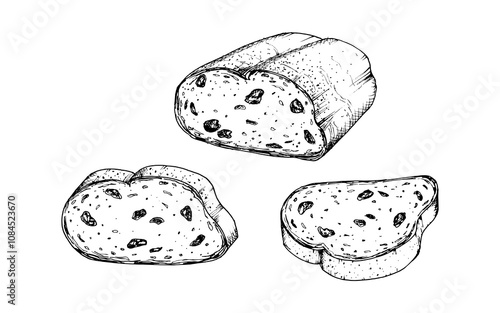 Set of vector illustrations of sliced raisin bread with detailed texture for bakery design, recipe book, food packaging or breakfast themed projects. Traditional Christmas stollen cake, new year cake