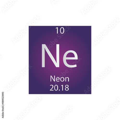 Ne Neon Noble gas Chemical Element Periodic Table. Simple flat square vector illustration, simple clean style Icon with molar mass and atomic number for Lab, science or chemistry class.