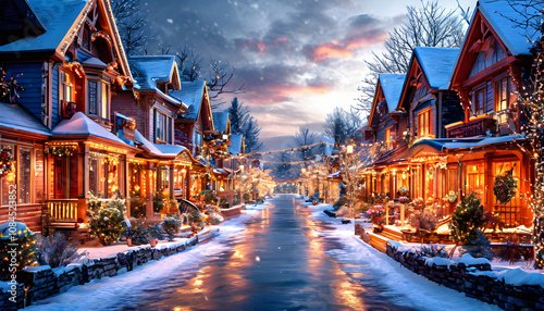 Charming winter street lined with festively decorated houses and glowing lights during a snowy evening