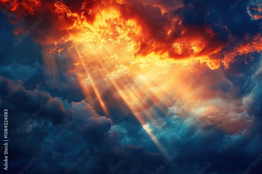Sun rays through dark clouds at sunset symbolize hope and grace. Sun rays through dark clouds at sunset symbolize hope and grace.