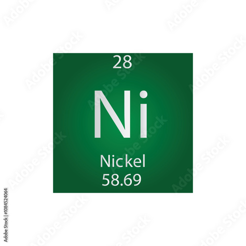 Ni Nickel Transition metal Chemical Element Periodic Table. Simple flat square vector illustration, simple clean style Icon with molar mass and atomic number for Lab, science or chemistry class.