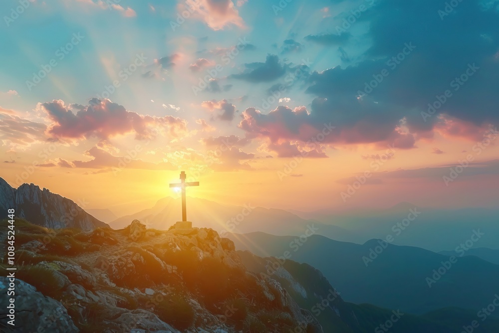 The crucifix symbol of Jesus on the mountain sunset sky background The crucifix symbol of Jesus on the mountain sunset sky background