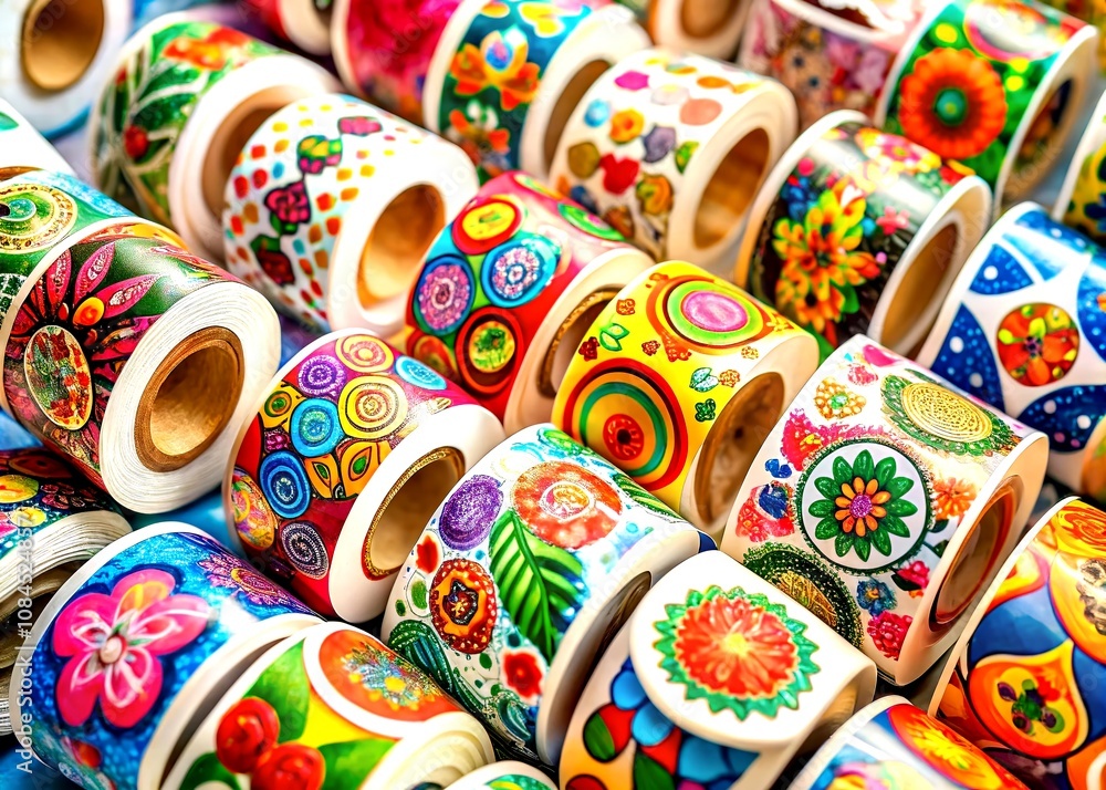 Fototapeta premium Vibrant Patterns of Colorful Stickers on a Roll Showcasing Unique Designs and Textures, Perfect for Creative Projects, Scrapbooking, and Crafting Enthusiasts