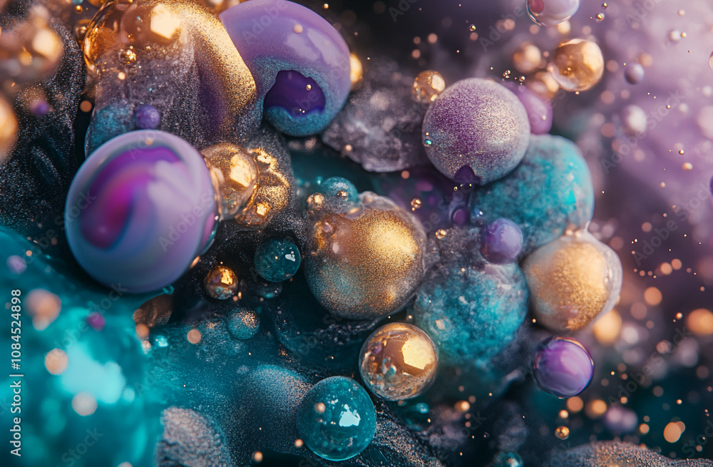 Fototapeta premium Close-up view of an abstract art piece featuring numerous metallic spheres in shades of gold, purple, and teal