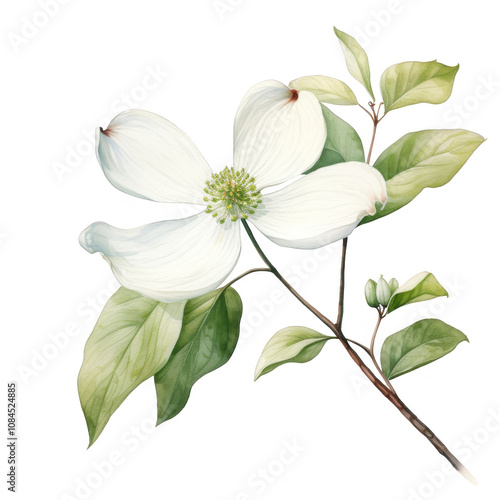 Delicate Watercolor Painting of a Dogwood Blossom and Branch
