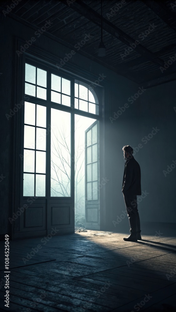 Man Stands Quietly by a Bright Window in a Dark Room With Shadows in Early Morning Light. Generative AI Man Stands Quietly by a Bright Window in a Dark Room With Shadows in Early Morning Light. Generative AI