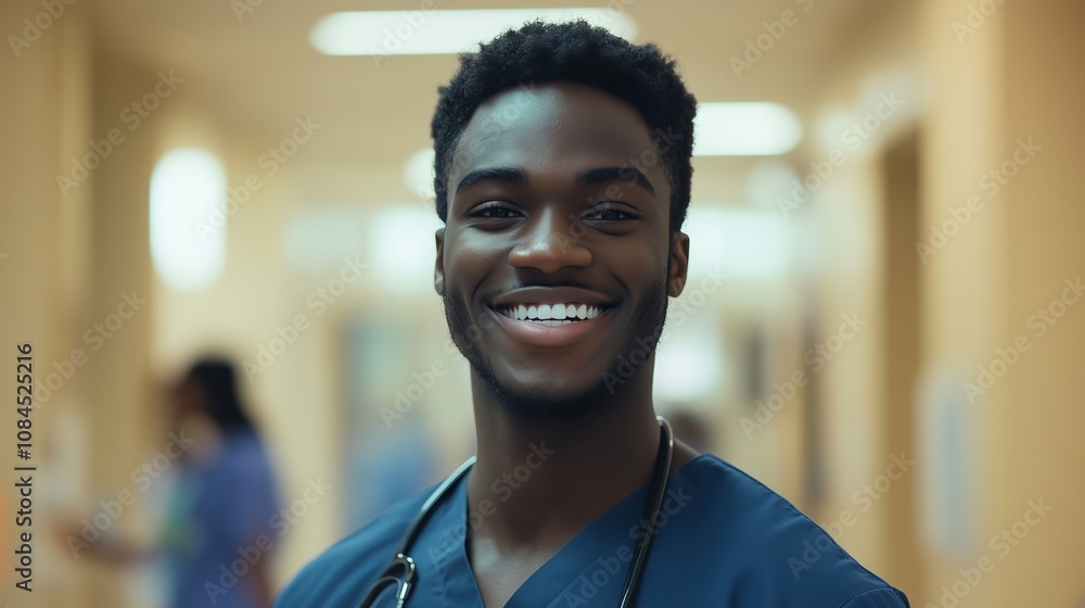 A smiling black man wearing a blue scrubs shirt and a stethoscope. He is in a hospital setting A smiling black man wearing a blue scrubs shirt and a stethoscope. He is in a hospital setting