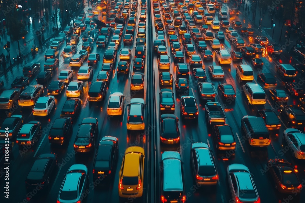 Obraz premium A busy street with many cars and a yellow car in the middle. Scene is busy and chaotic