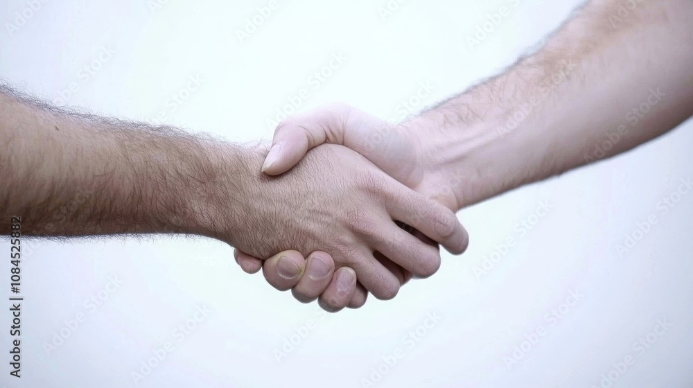 Fototapeta premium Two hands of different skin tones shaking hands, symbolizing agreement and unity.