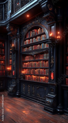 Enchanted Dark Library with Ornate Bookcases and Warm Lighting