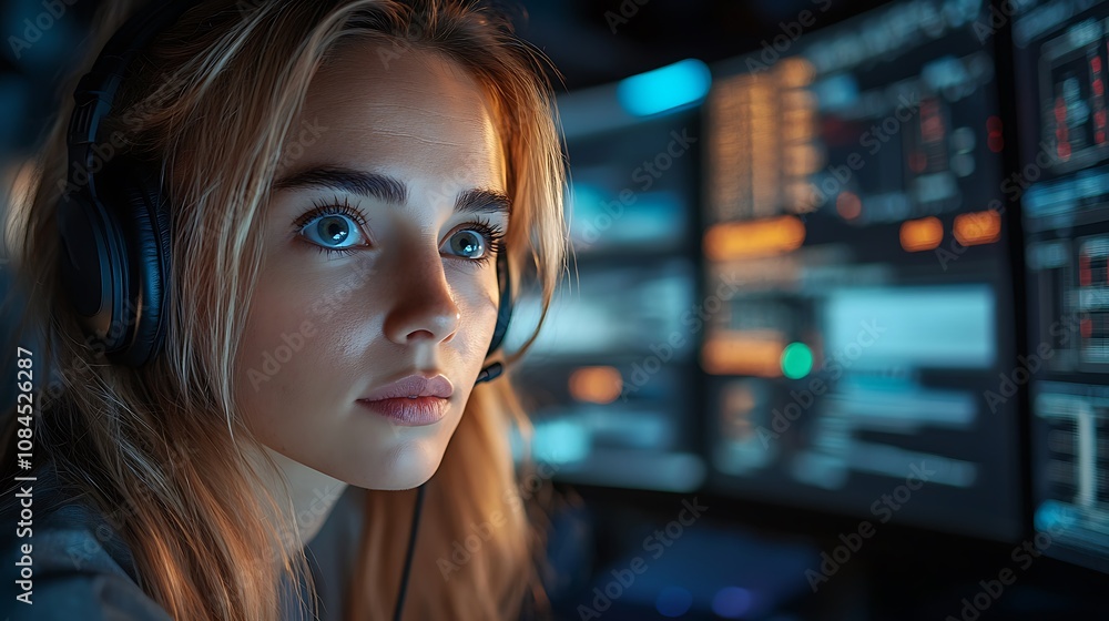 Young woman with headphones looking intently at a computer screen, her face lit by the glow of the monitor. Young woman with headphones looking intently at a computer screen, her face lit by the glow of the monitor.