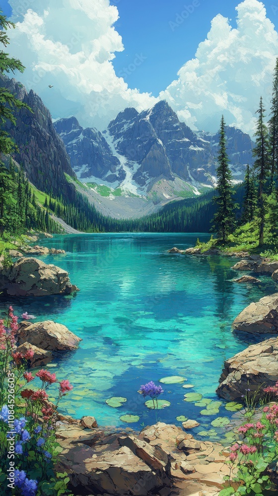 Serene Mountain Lake with Alpine Flora: A Breathtaking Landscape Painting Serene Mountain Lake with Alpine Flora: A Breathtaking Landscape Painting