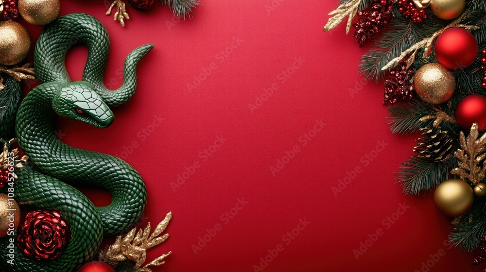 A festive arrangement featuring a green snake among holiday decorations on a vibrant red background, copy space. A festive arrangement featuring a green snake among holiday decorations on a vibrant red background, copy space.