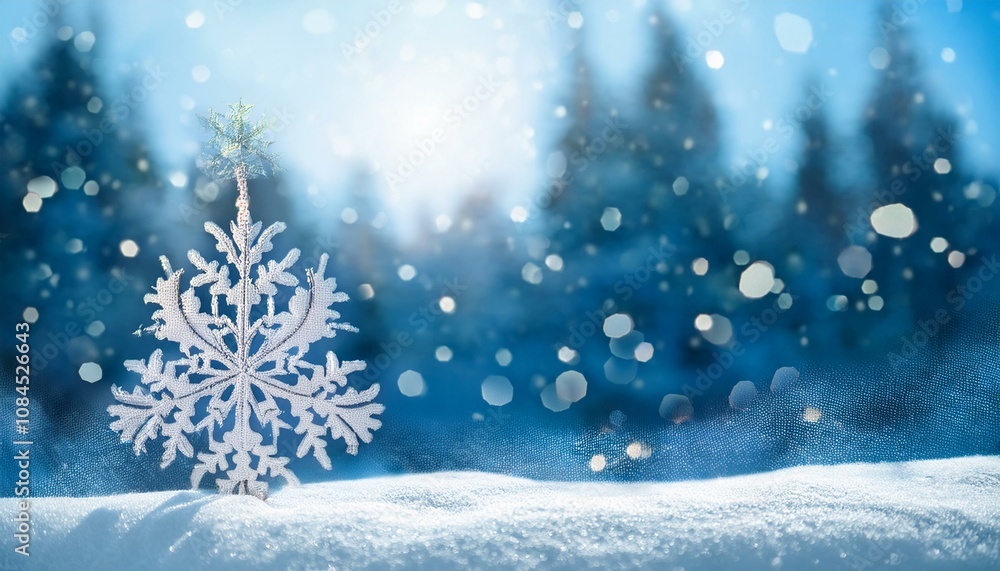 Abstract winter background featuring a blurred Christmas tree in a snowy landscape with a snowflake as a symbol of Christmas