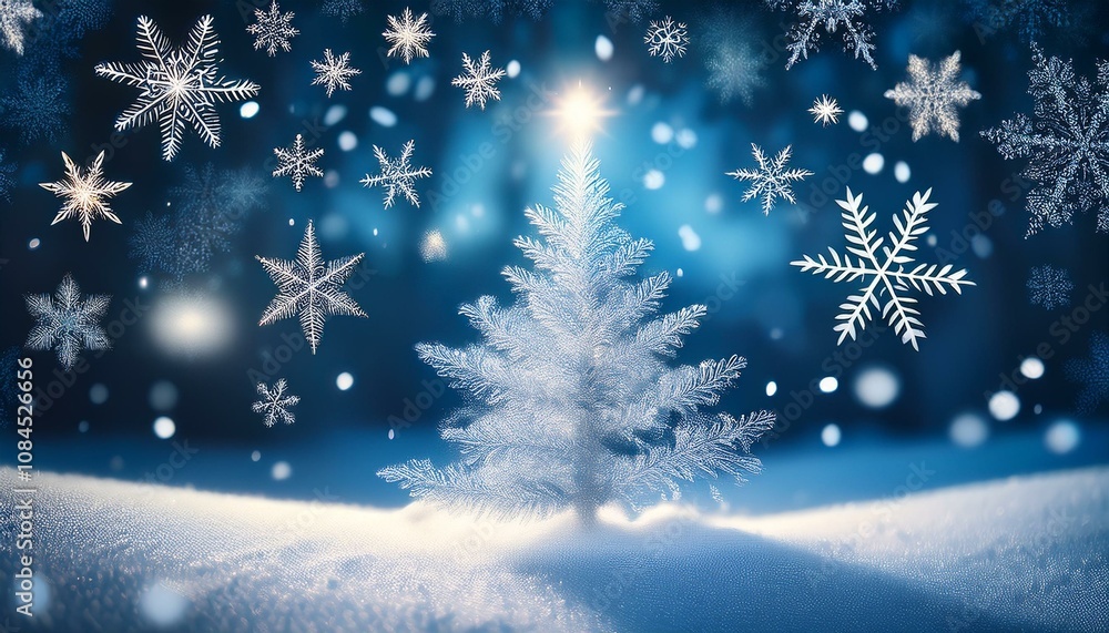 Abstract winter background featuring a blurred Christmas tree in a snowy landscape with a snowflake as a symbol of Christmas Abstract winter background featuring a blurred Christmas tree in a snowy landscape with a snowflake as a symbol of Christmas