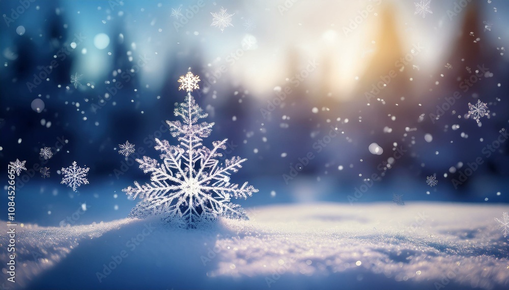 Abstract winter background featuring a blurred Christmas tree in a snowy landscape with a snowflake as a symbol of Christmas Abstract winter background featuring a blurred Christmas tree in a snowy landscape with a snowflake as a symbol of Christmas