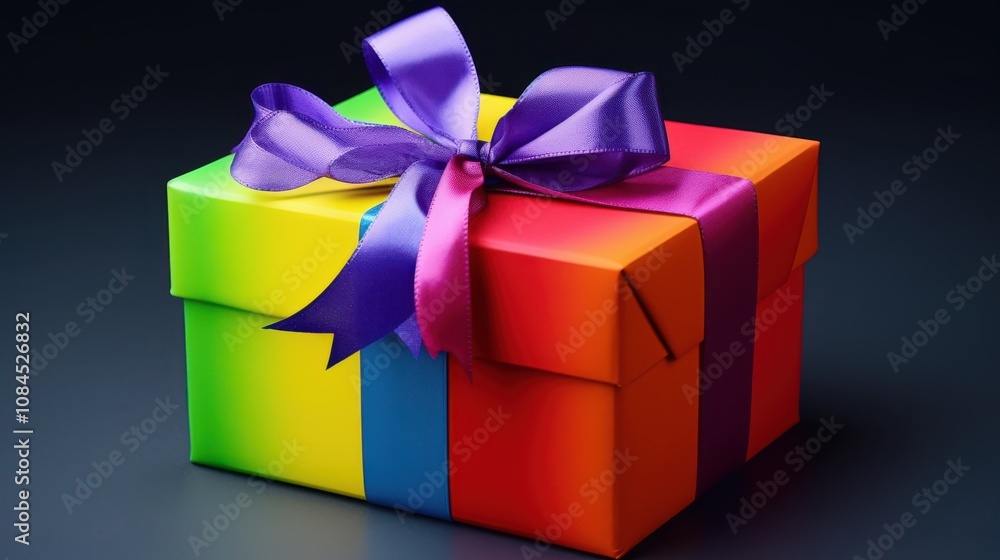 A vibrant rainbow-hued Christmas gift box tied with a purple ribbon, showcasing a festive and joyful spirit. A vibrant rainbow-hued Christmas gift box tied with a purple ribbon, showcasing a festive and joyful spirit.