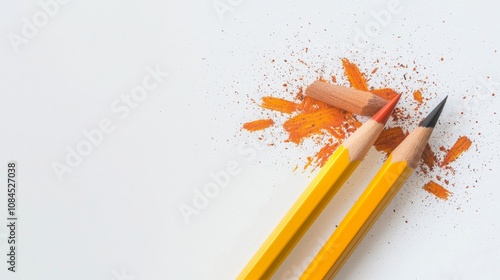 Two vibrant yellow pencils with colorful shavings scattered across a white background. photo