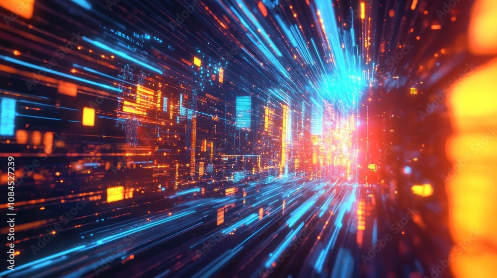 Fototapeta premium Abstract digital landscape depicting vibrant data streams and glowing particles.
