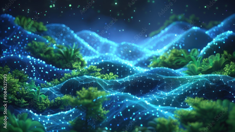 Fototapeta premium Abstract digital landscape with glowing blue lines and green plants.