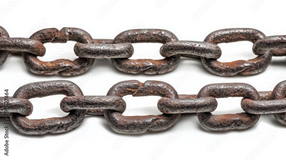 Close-up of rusty iron chain links on a white background, highlighting texture and wear. Close-up of rusty iron chain links on a white background, highlighting texture and wear.