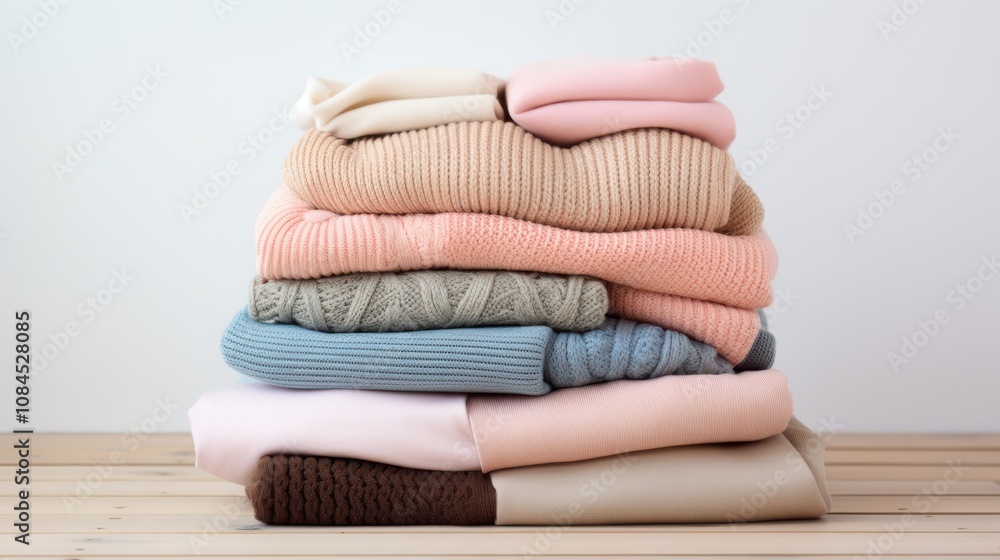 A stack of neatly folded knitwear in pastel hues sits on a wooden surface, evoking warmth and coziness. A stack of neatly folded knitwear in pastel hues sits on a wooden surface, evoking warmth and coziness.