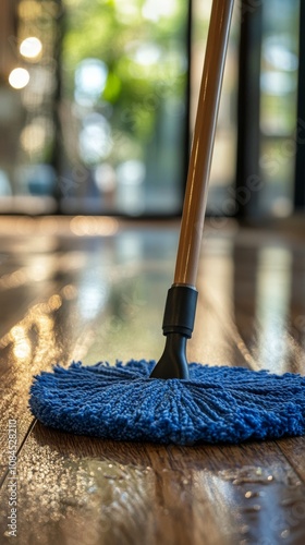 Cleaning a shiny wooden floor with a blue mop in a bright and spacious room d...