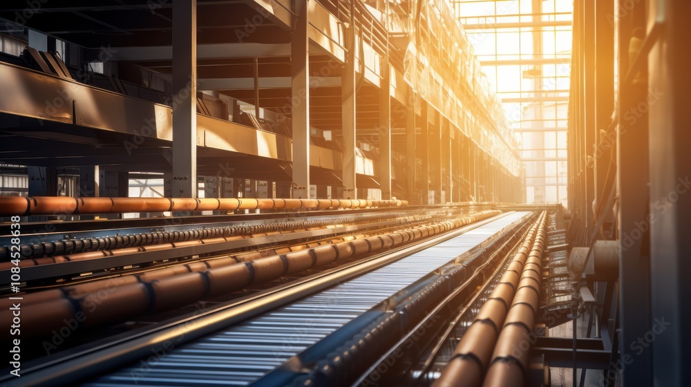 Sunlit industrial conveyor belts stretch through a busy warehouse, capturing the essence of productivity and modernity. Sunlit industrial conveyor belts stretch through a busy warehouse, capturing the essence of productivity and modernity.