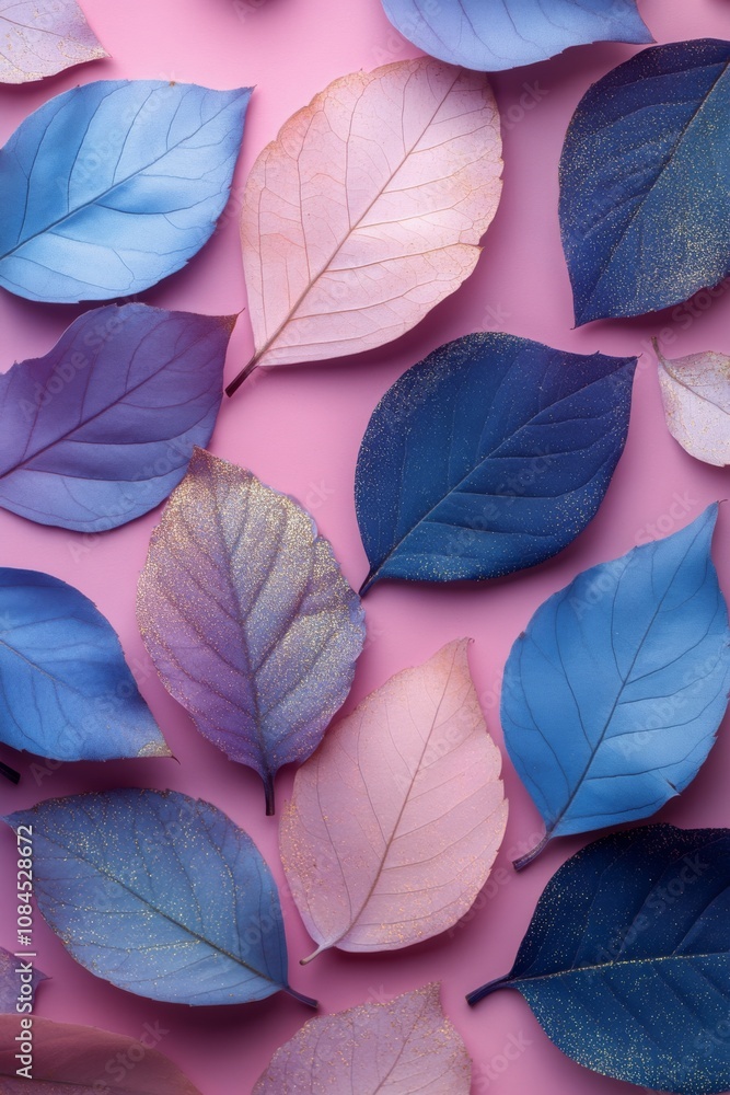 Colorful leaves arranged on a pink background with golden accents during a spring display Colorful leaves arranged on a pink background with golden accents during a spring display
