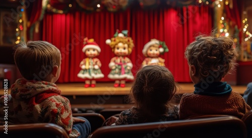 Children watching a Christmas puppet show on stage in a festive theater durin...
