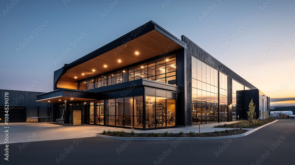 Modern industrial building with glass facade and sleek architecture during sunset, featuring large windows and illuminated interior in an expansive setting. Modern industrial building with glass facade and sleek architecture during sunset, featuring large windows and illuminated interior in an expansive setting.