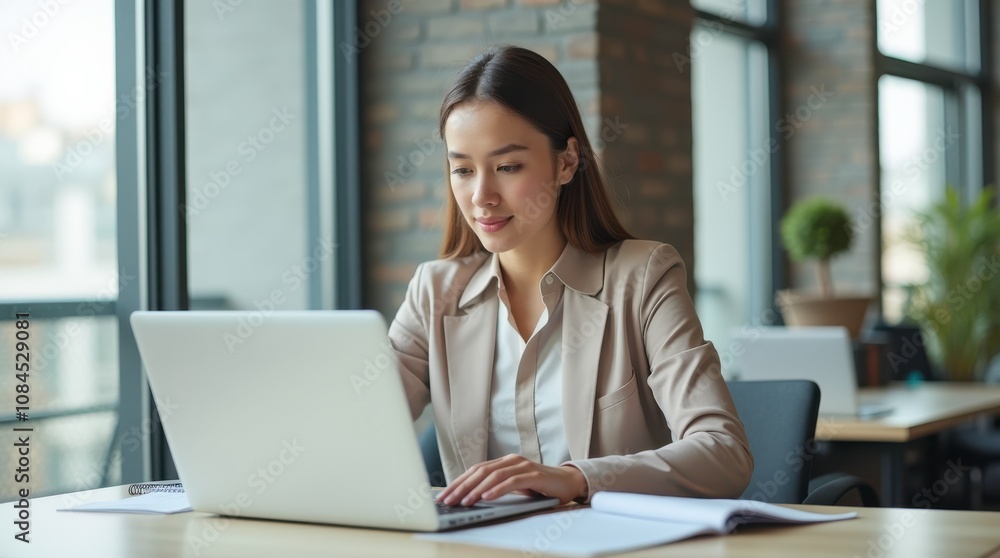 Professional Woman Working Intently on Laptop at Modern Office Desk in Bright Workspace. Generative AI Professional Woman Working Intently on Laptop at Modern Office Desk in Bright Workspace. Generative AI