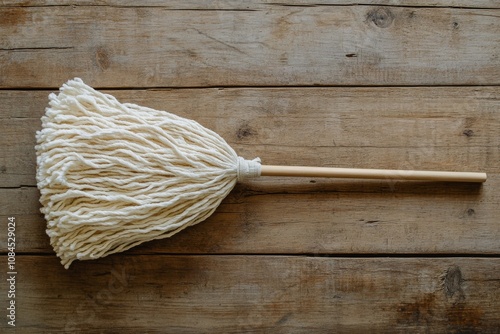Simple cotton mop with wooden handle resting on rustic wooden surface