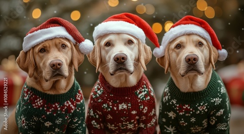 Three dogs dressed in festive attire during the holiday season in a cozy indo...