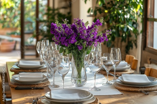 Elegant dining setup with floral centerpiece featuring purple flowers in a so...