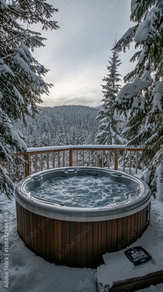 A serene hot tub surrounded by snowy trees in a winter landscape during dusk A serene hot tub surrounded by snowy trees in a winter landscape during dusk