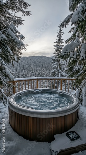 A serene hot tub surrounded by snowy trees in a winter landscape during dusk