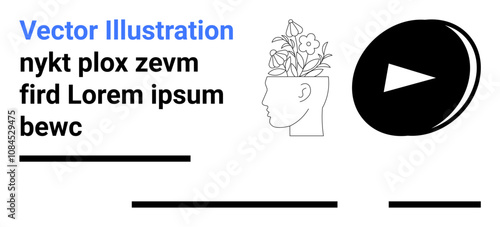 Head with blooming flowers, play button, and text lines. Ideal for website design, branding, mental health themes, educational content, social media, print materials, and marketing campaigns. Landing