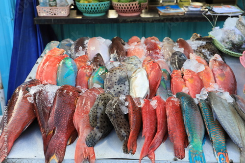 Colorful tropical fishes at a stand in Indonesia photo