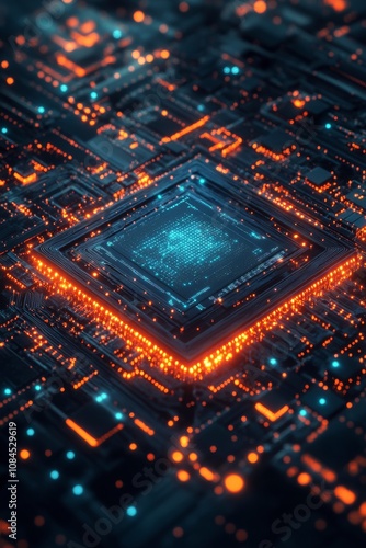 Close up of a modern microprocessor on a circuit board with glowing component...
