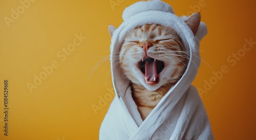 Cat yawning while wrapped in a white towel against an orange background durin...