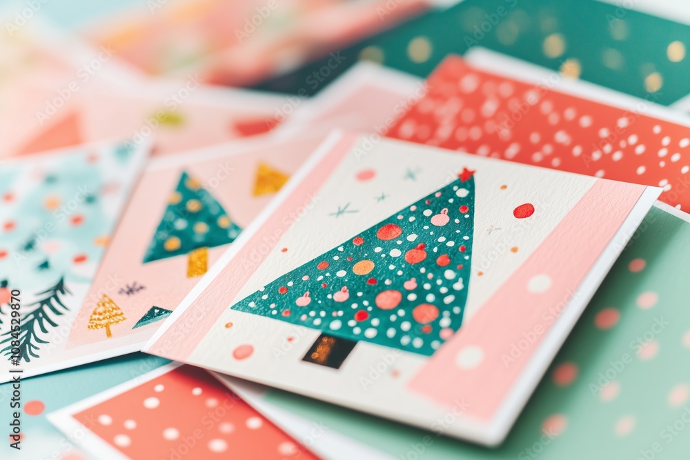 Christmas Card Day many Christmas cards stacked in a pile top view, cards have watercolor and modern prints with Christmas trees, December 9 Christmas Card Day many Christmas cards stacked in a pile top view, cards have watercolor and modern prints with Christmas trees, December 9