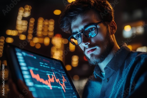 Young man analyzing market trends on tablet during night in a city with brigh...