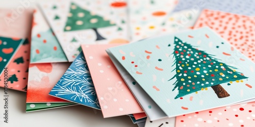 Wallpaper Mural Christmas Card Day many Christmas cards stacked in a pile top view, cards have watercolor and modern prints with Christmas trees, December 9 Torontodigital.ca