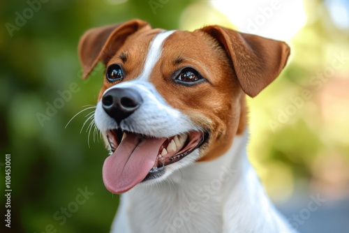 Happy dog with a playful expression enjoying a sunny day outdoors in a garden...