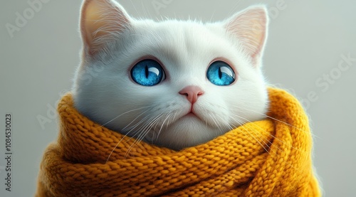 A fluffy white cat with striking blue eyes wrapped in a cozy yellow scarf ind...