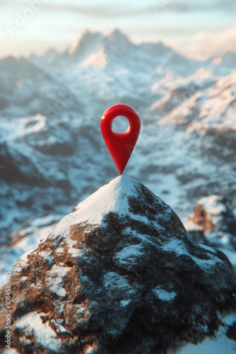 Red location marker standing on a snow covered mountain peak at sunset in a m...