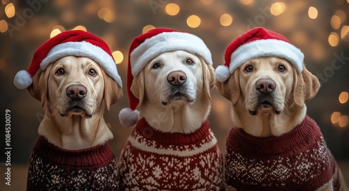 Three dogs dressed in festive attire during the holiday season in a cozy indo...